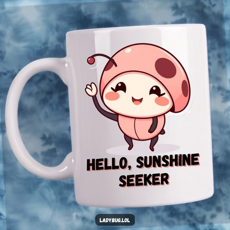 Funny smiling ladybug mug shows a cute bug character waving with a tiny leg, offering a friendly greeting.