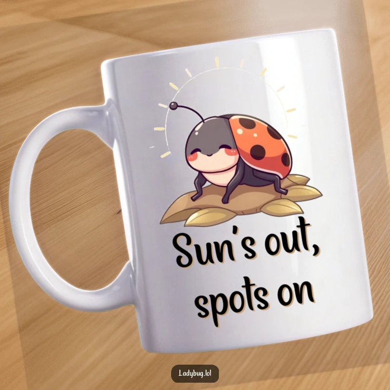 Funny mug featuring a content ladybug enjoying a warm sunbeam, radiating peace and relaxation.