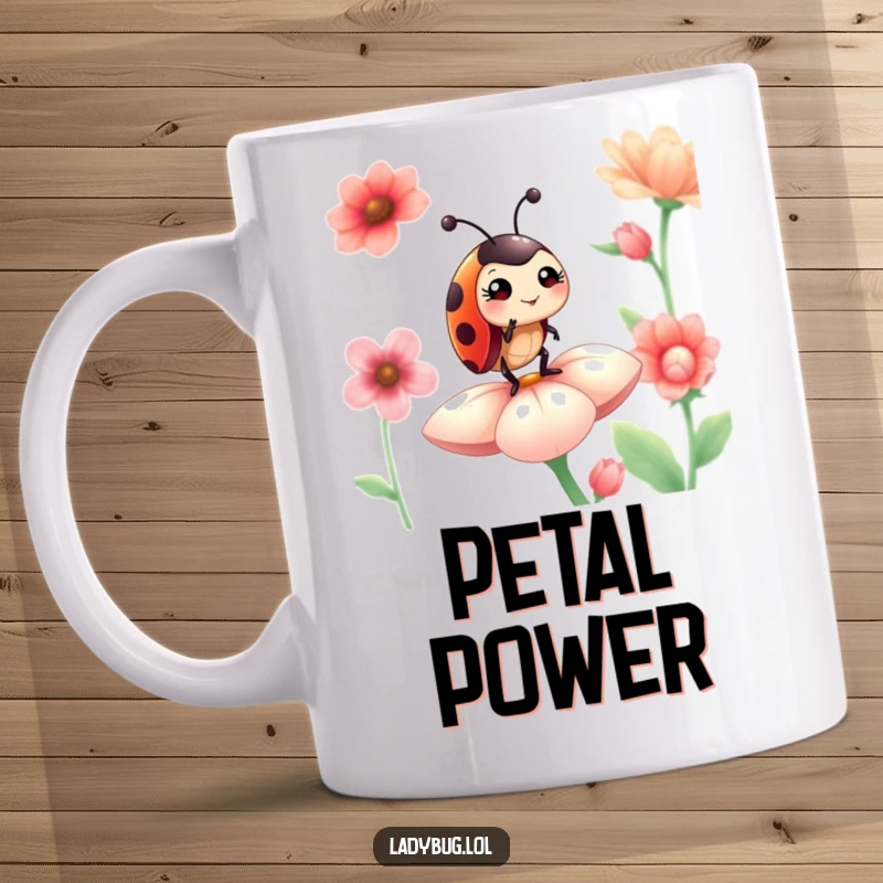 Funny winking ladybug mug featuring a charming ladybug giving a playful wink while standing proudly on a delicate flower petal.
