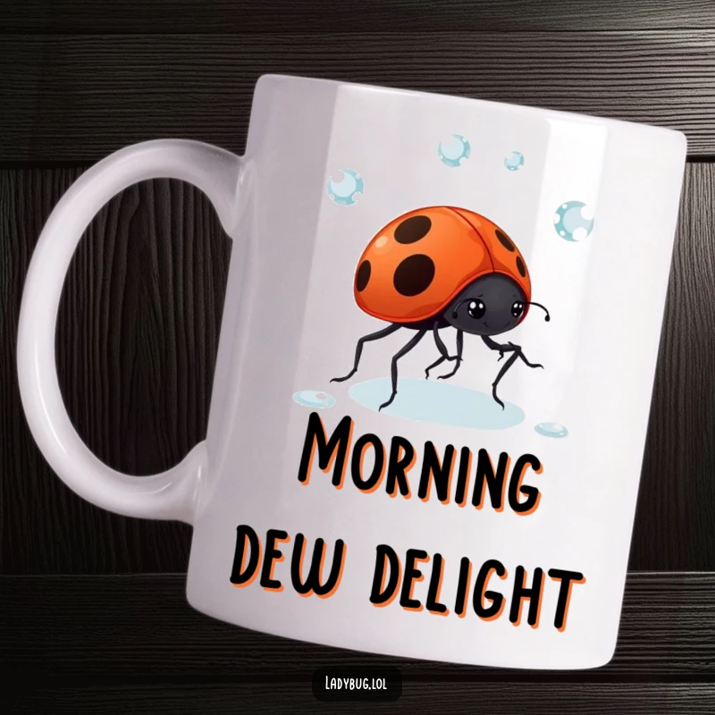 Funny Ladybug Dewdrop Mug: A giggling ladybug comically juggles dewdrops with its tiny legs, showcasing impressive, albeit tiny, dexterity.