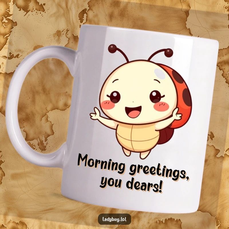 Funny Mug featuring a smiling ladybug character waving hello with a bright, friendly expression, bringing cheerful vibes.