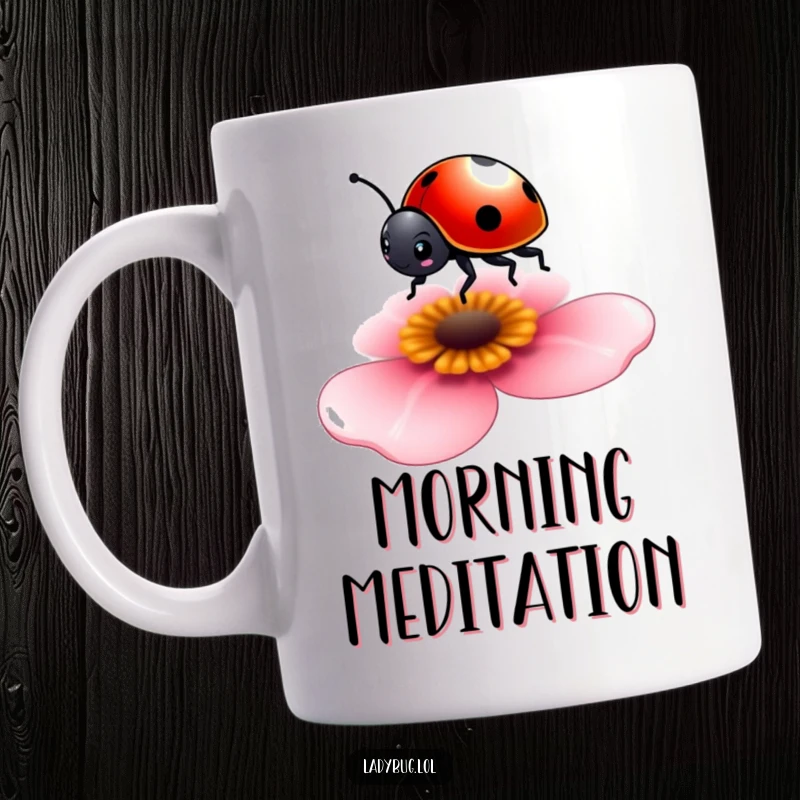Funny mug showing a minuscule ladybug delicately balancing on a soft flower petal, embodying grace and precision.