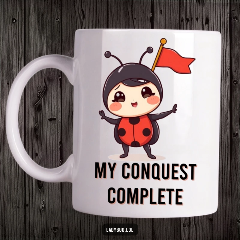 Funny ladybug mug featuring a tiny, proud ladybug holding a triumphant flag, embodying a small but significant victory, perfect for gifting.