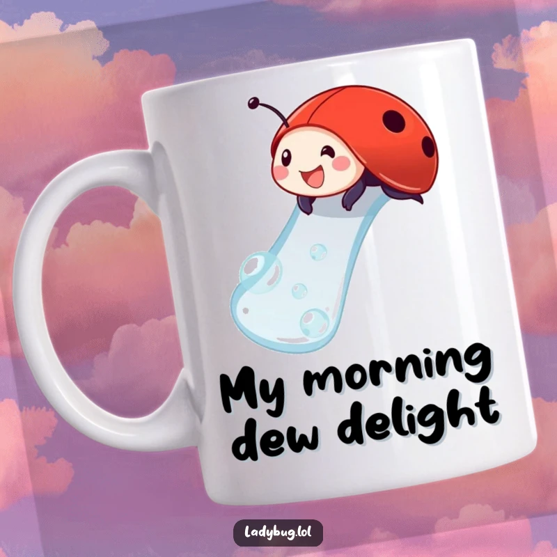 Funny ladybug mug featuring a delighted ladybug sliding down a dewdrop like a slide, showcasing pure, playful joy.