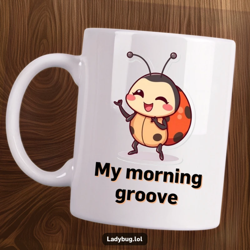 Funny ladybug mug featuring a cartoon ladybug character doing a silly dance, wiggling its body with pure, unadulterated joy.