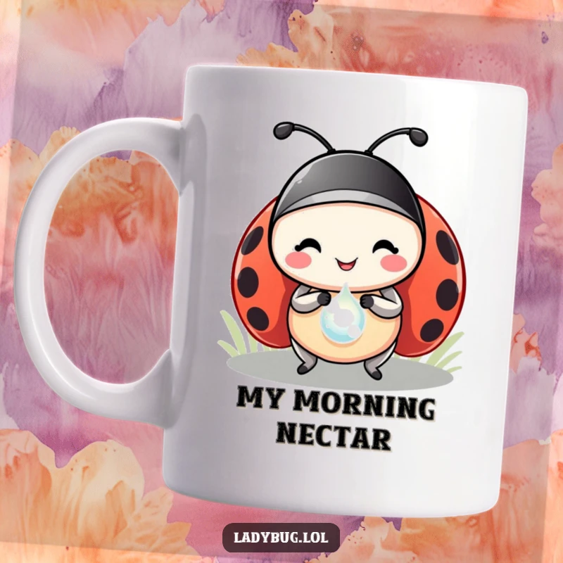 Funny ladybug mug with a gleeful ladybug protagonist carrying a sparkling dewdrop as a precious prize, celebrating a tiny victory.