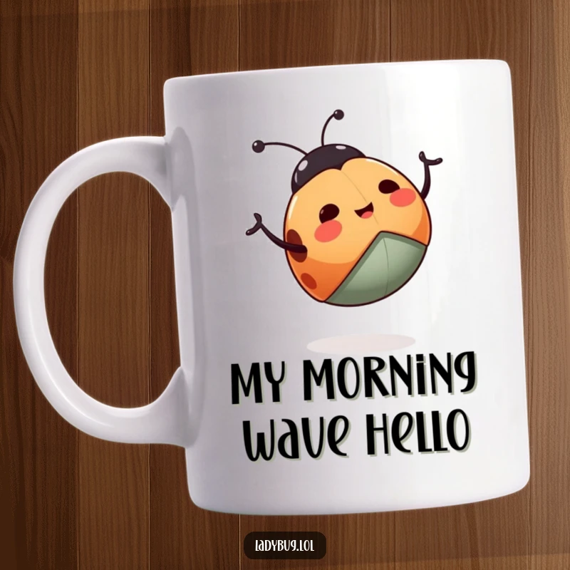 Funny ladybug mug with a cheerful ladybug enthusiastically waving its tiny legs with a joyful expression, perfect for a funny gift.