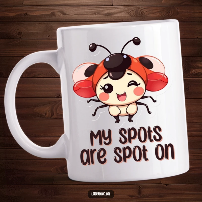 Funny mug showcasing a happy ladybug with vibrant, shiny red wings, radiating pure joy and good vibes.