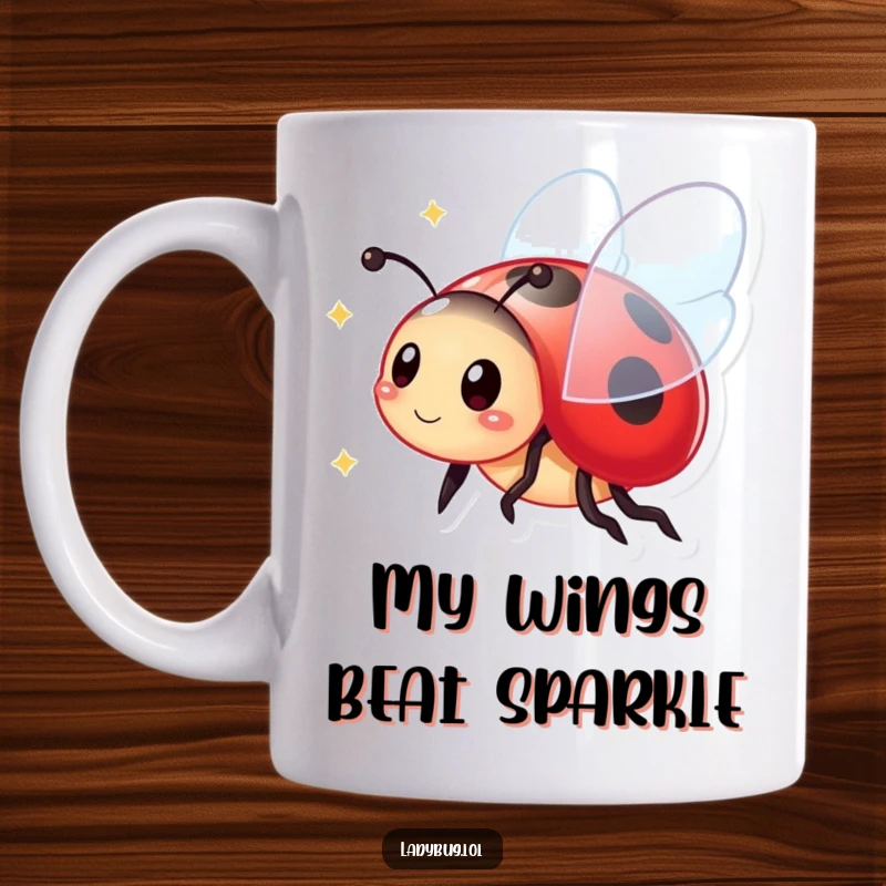 Funny Mug: Vibrant ladybug with sparkling wings flying joyfully, spreading happiness and charm. A delightful addition to any morning coffee.