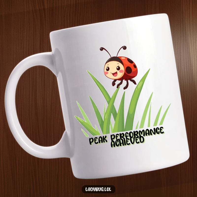 Funny giggling ladybug character joyfully climbing a tall green blade of grass, perfect for a humorous nature lover's mug.