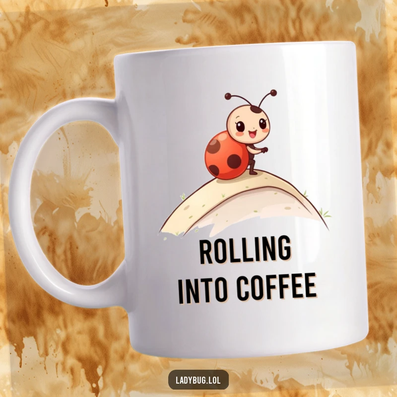 Funny Mug featuring a ladybug character joyfully rolling down a gentle slope with a carefree, happy expression.