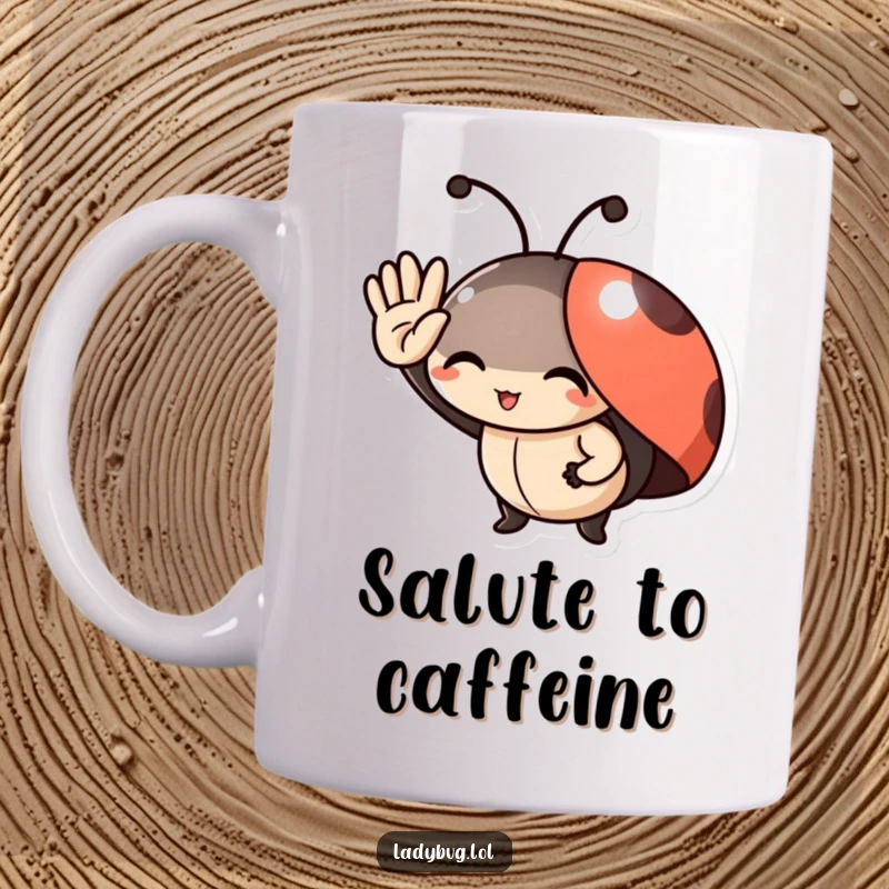Funny Mug: A delighted ladybug character giving a tiny, cheerful salute, bringing smiles and a touch of whimsy.