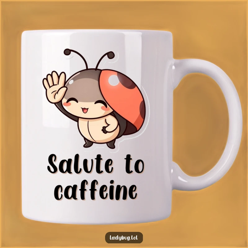 Funny Ladybug Salute Mug: Delighted Character Offers a Hilarious Tiny Greeting!