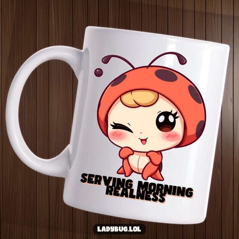 Funny winking ladybug character playfully posing for a portrait, captured on a humorous mug for bug lovers.
