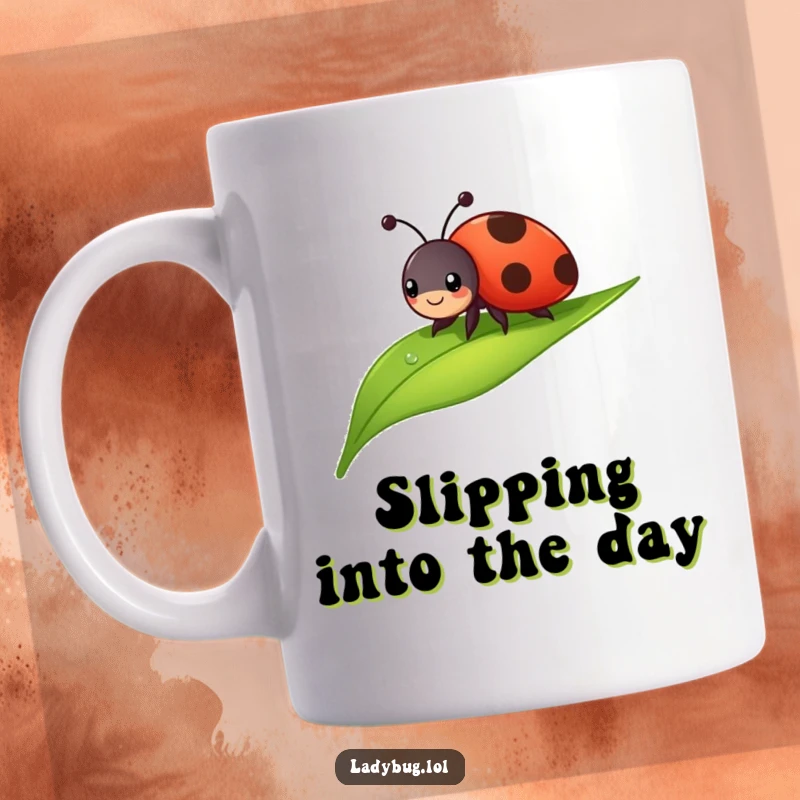Funny ladybug mug showing a cheerful bug sliding down a dewdropped leaf, a whimsical and humorous scene. A great gift.