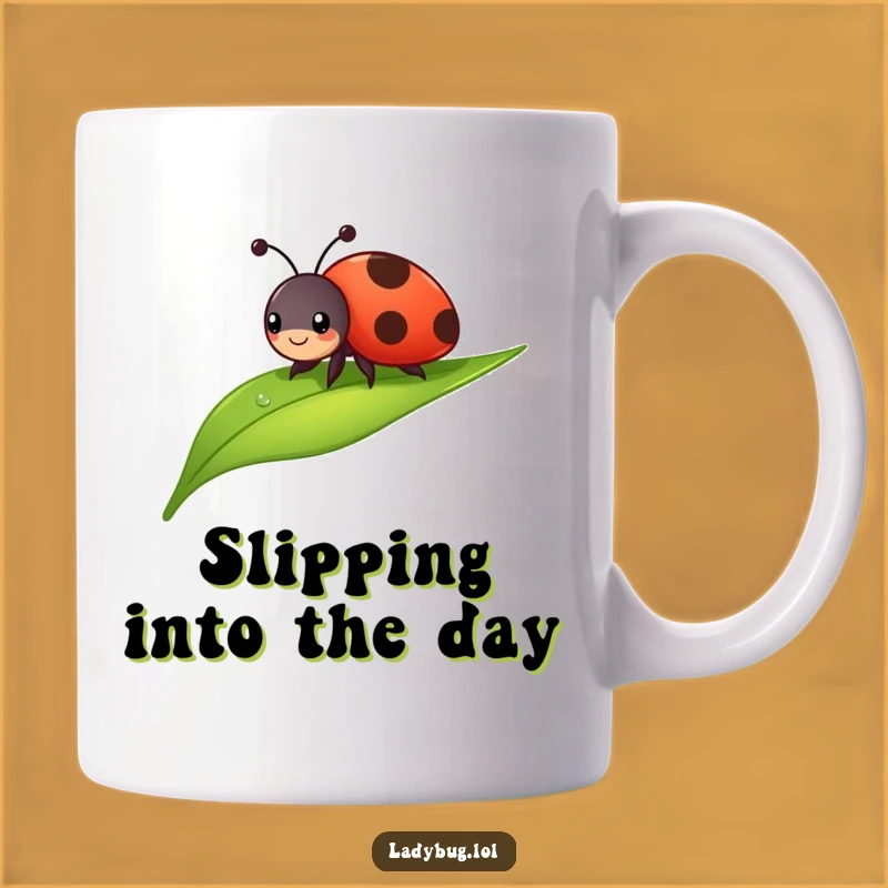 Funny Cheerful Ladybug Mug: Sliding Leaf Dewdrop Bug Gift