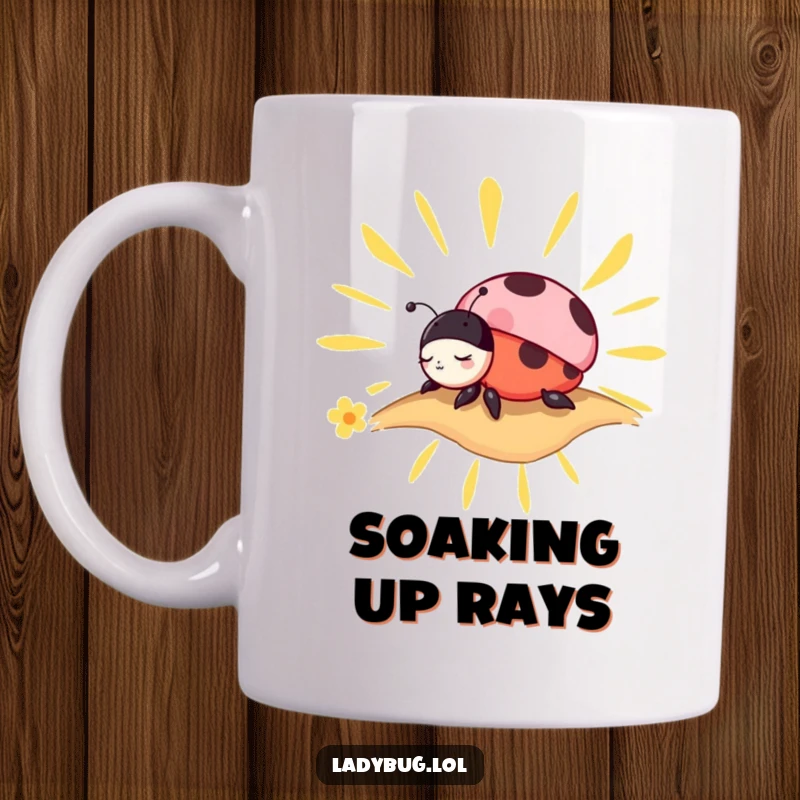 Funny Mug: A charming ladybug character peacefully napping on a stylized, glowing sunbeam, embodying tranquility.