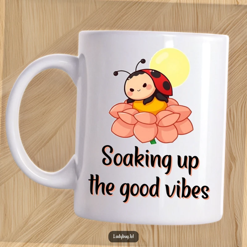 Funny ladybug mug featuring a joyful character happily sunbathing on a vibrant flower petal, radiating warmth and relaxation.