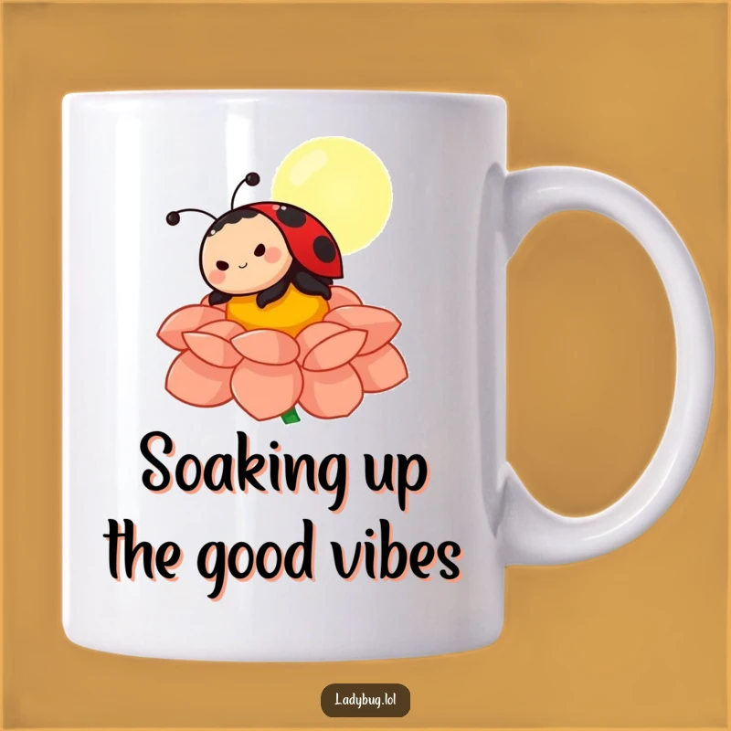 Funny Ladybug Sunbathing Mug: Joyful Character on Flower Petal, Perfect Funny Gift Idea