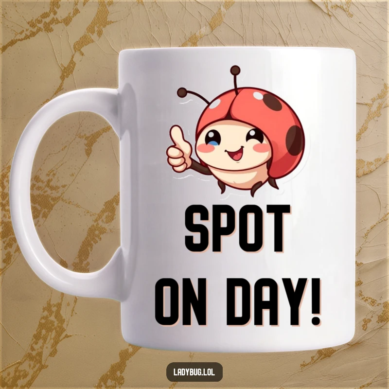 Funny mug featuring a smiling ladybug character giving a tiny thumbs up, radiating pure happiness and encouragement.