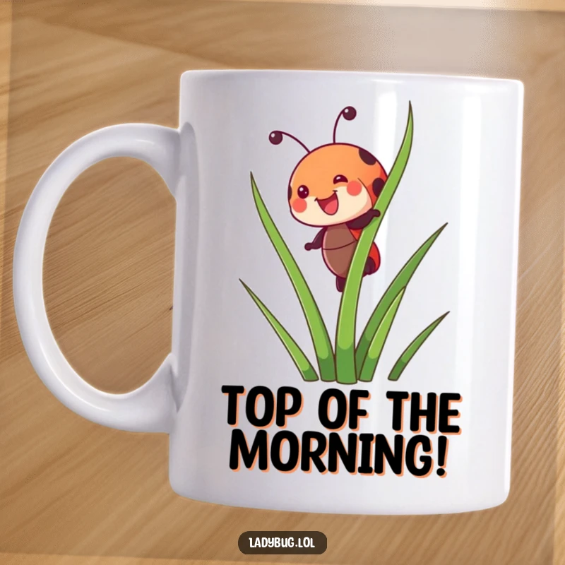 Funny mug featuring a joyful ladybug character blissfully climbing a tall blade of grass, full of happy energy.