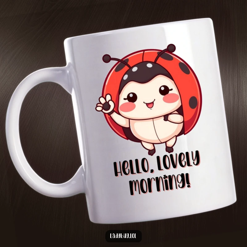 Funny ladybug mug featuring a cute ladybug character waving a small leg, exuding friendliness and charm, a humorous insect gift.