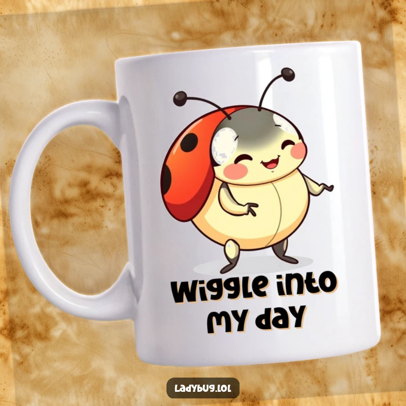 Funny ladybug mug featuring a playful ladybug doing a silly dance with wiggling antennae, showcasing energetic fun.