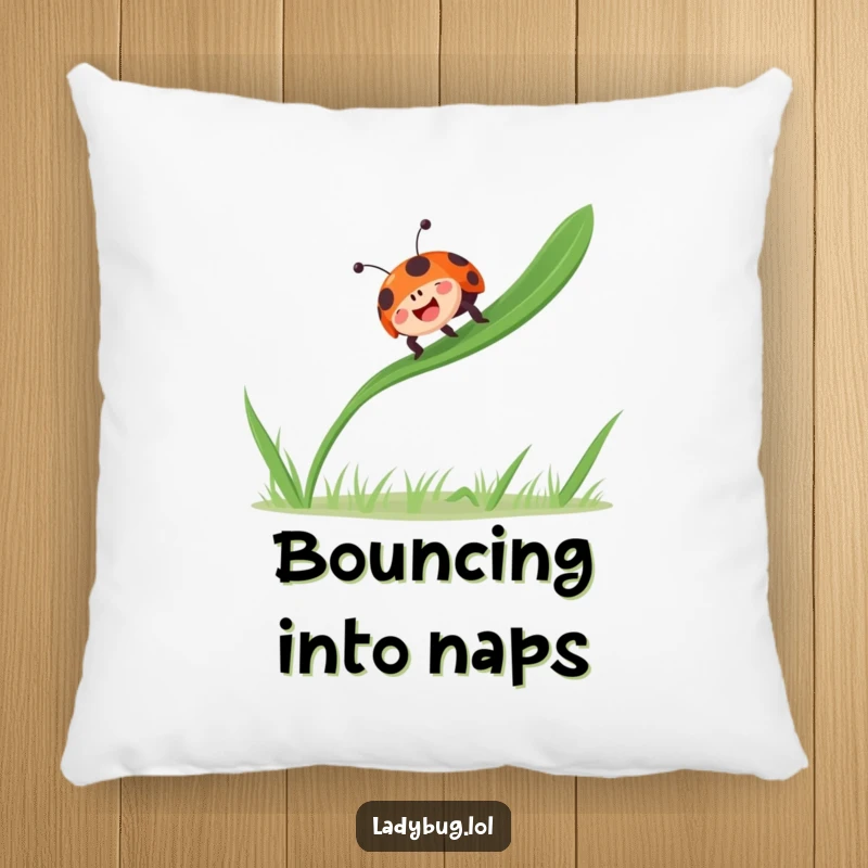 Funny ladybug bounces gleefully on a single blade of grass, radiating joy, on a soft, decorative pillow.