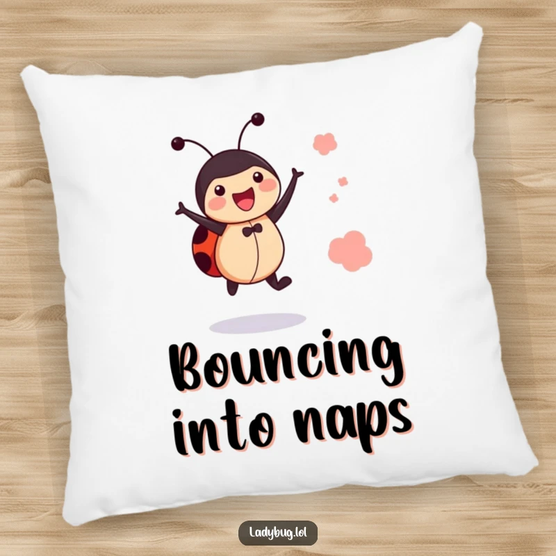 Funny jumping ladybug pillow featuring a cheerful bug leaping, a plush and joyful decorative accent.