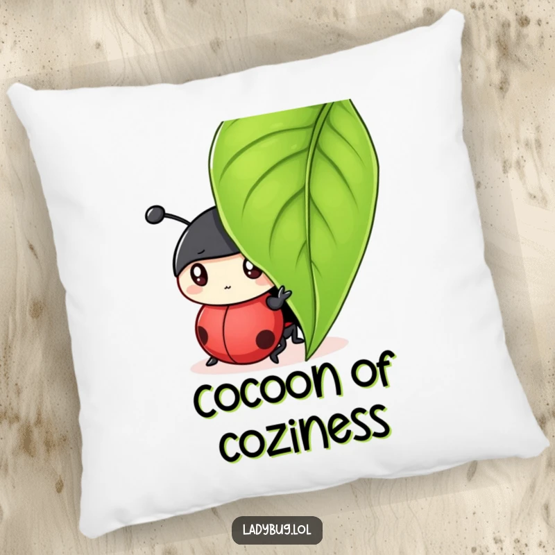Funny pillow with a soft texture, depicting a curious ladybug character peeking from under a leaf, adding playful charm.