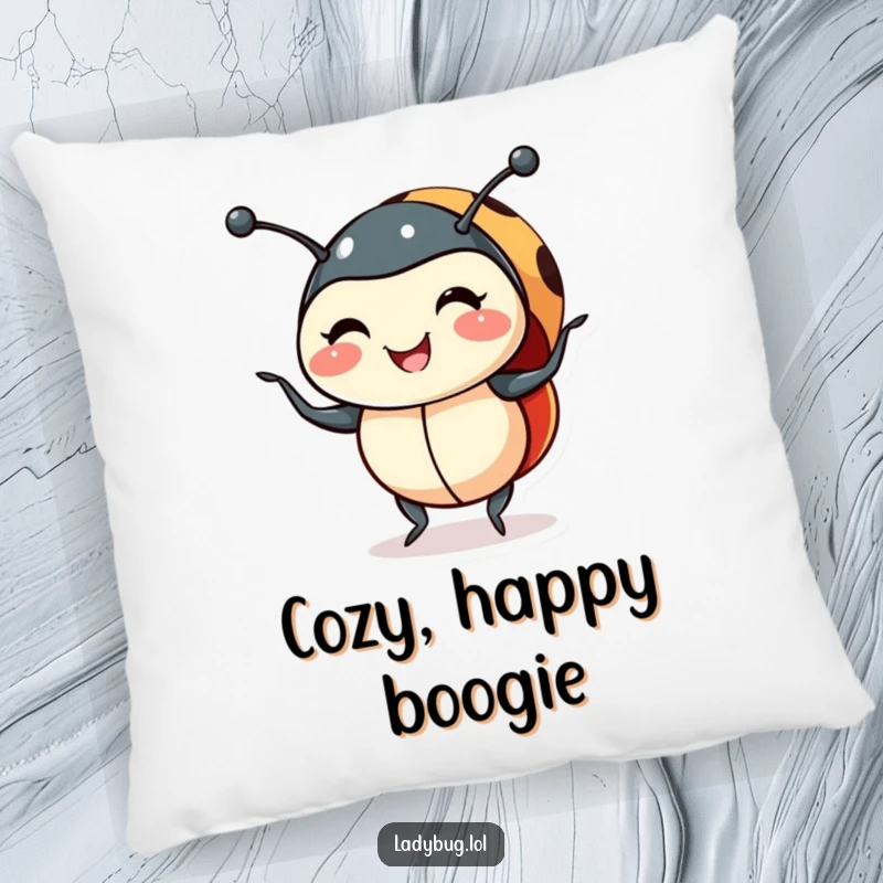 Funny smiling ladybug pillow with a ladybug doing a shimmy, offering comfort and a dose of cute, humorous bug art.