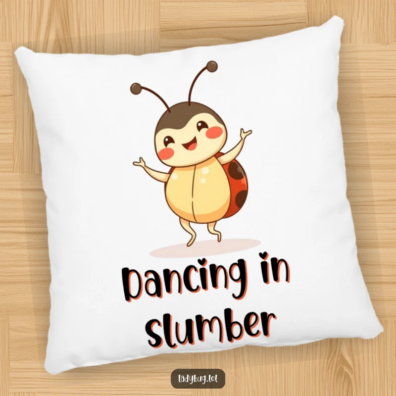 Funny ladybug pillow, happy insect character doing a little dance, soft and decorative, humorous accent.