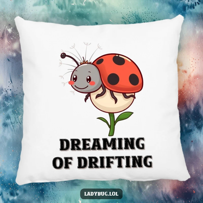 Funny Ladybug Dandelion Pillow: A happy ladybug comically rides a dandelion seed, bringing softness and whimsical charm. Comfortable and cute decor.