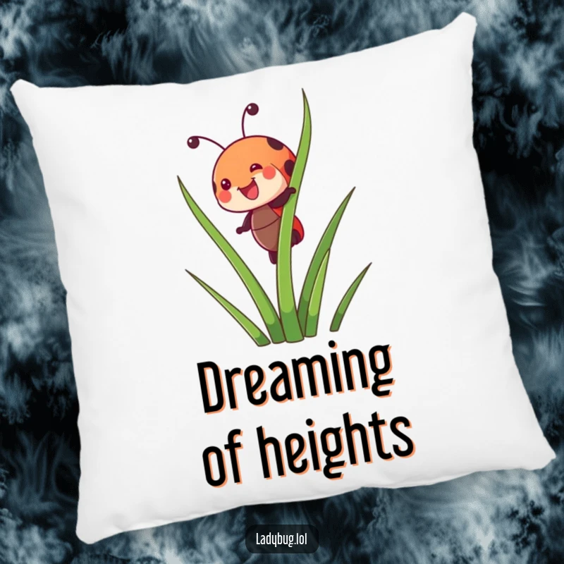 Funny pillow with a soft texture, depicting a joyful ladybug character happily climbing a tall blade of grass, adding cheer.