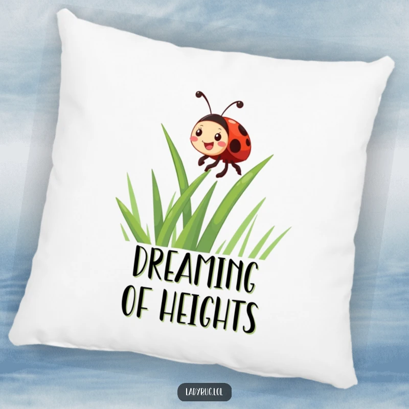 Funny giggling ladybug character enthusiastically climbing a blade of grass, a soft and humorous pillow for decorative comfort.