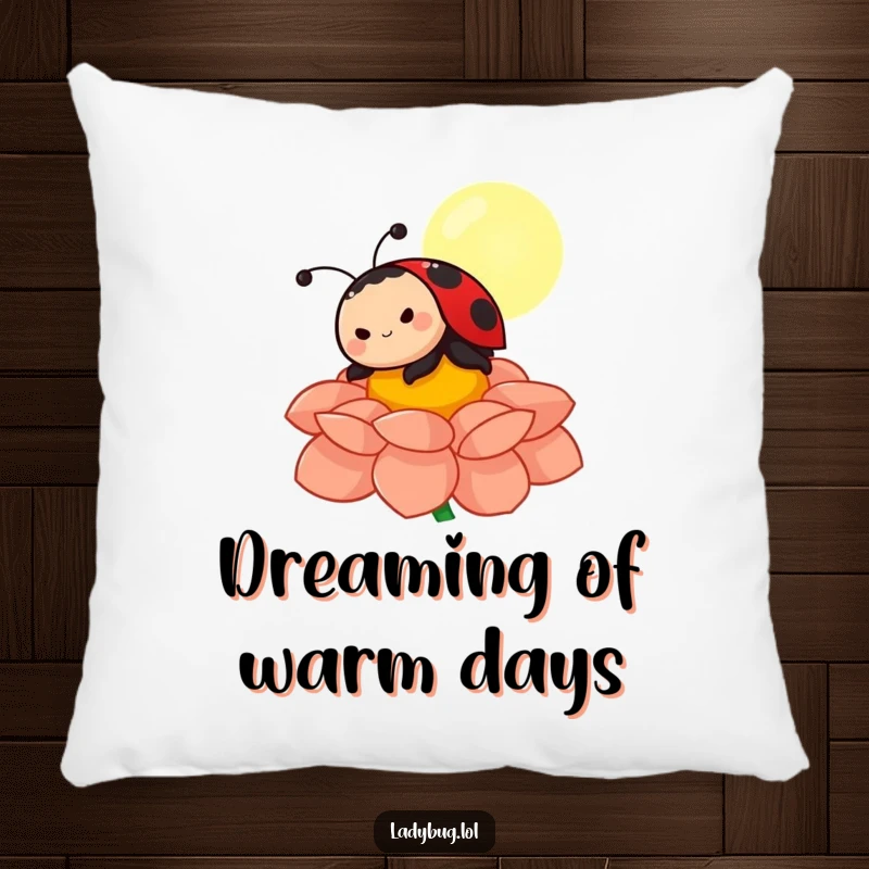 Funny ladybug pillow featuring a relaxed character sunbathing on a beautiful flower petal, designed for comfort and a humorous touch.