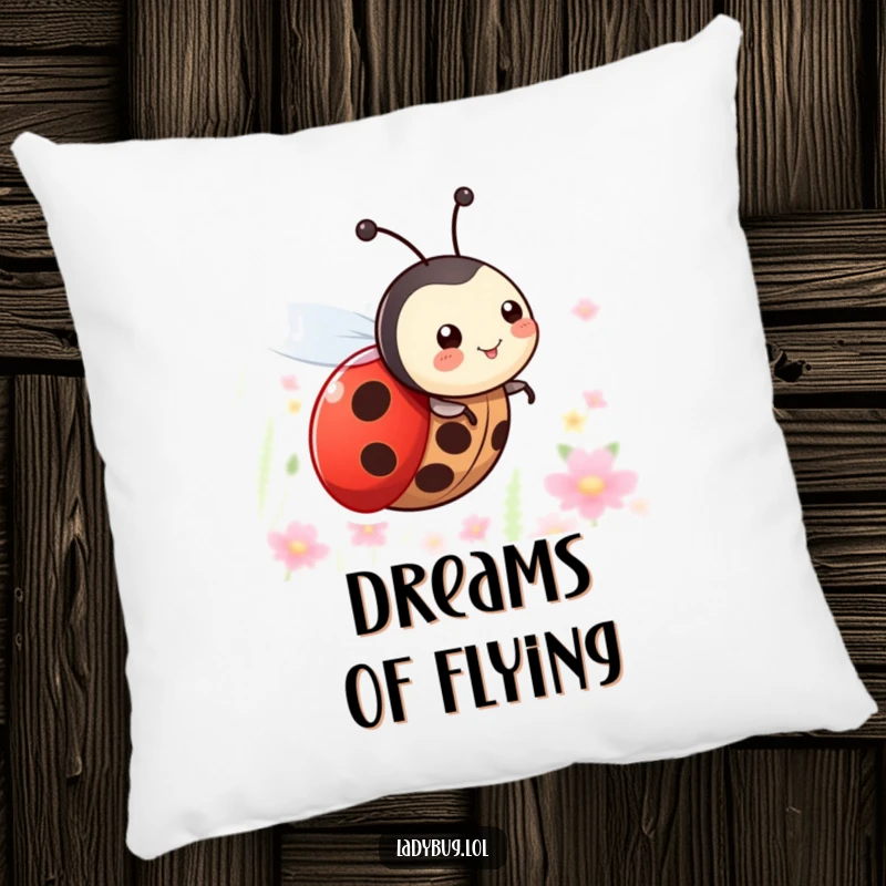 Funny pillow showcasing a happy ladybug character with tiny wings, joyfully zooming through the air with a cheerful expression.