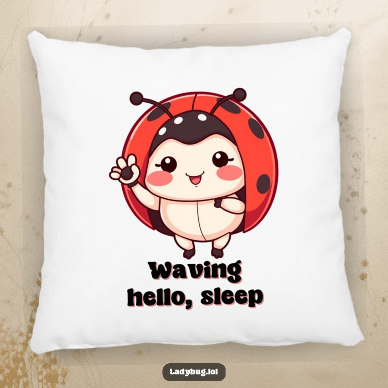 Funny ladybug pillow featuring a ladybug waving a leg, offering comfort and a humorous touch, a delightful bug-themed gift.