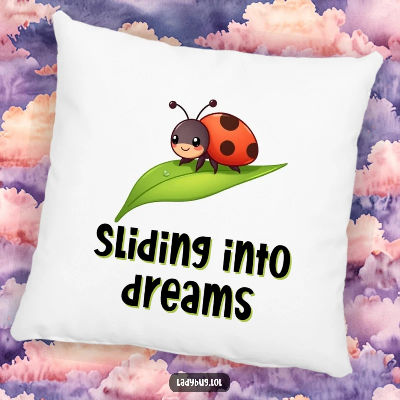 Funny ladybug pillow showing a cheerful bug sliding down a dewdropped leaf. Soft, comfortable, and humorous.
