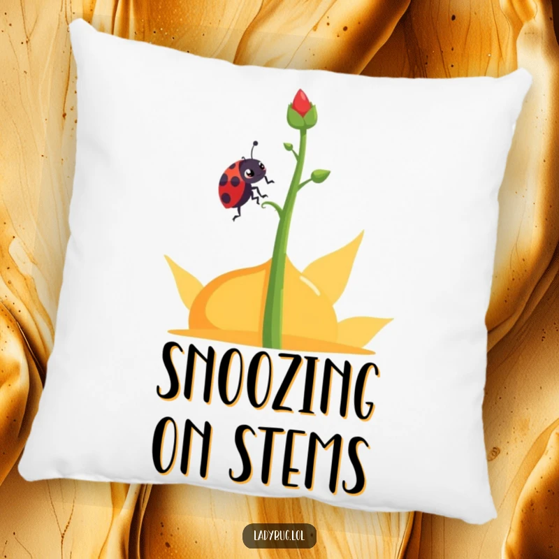 Funny determined ladybug pillow featuring a ladybug character climbing an abstract plant stem, offering comfort and inspiration.