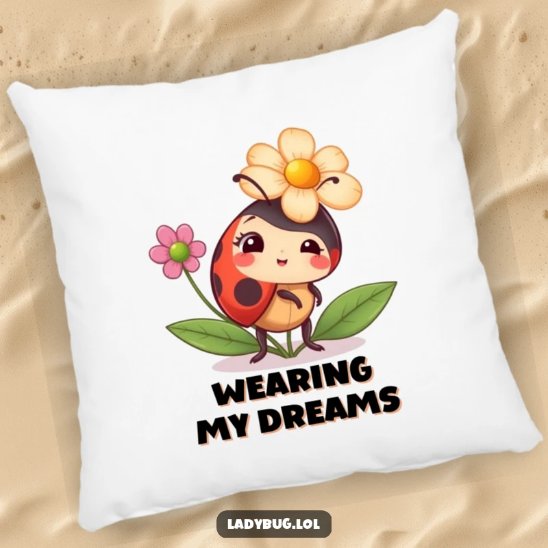 Funny ladybug pillow with a ladybug comically trying to wear a flower as a hat, offering humorous comfort and charm.