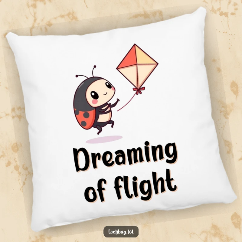 Funny ladybug pillow with a playful ladybug comically attempting to fly a miniature kite, offering humorous comfort and charm.