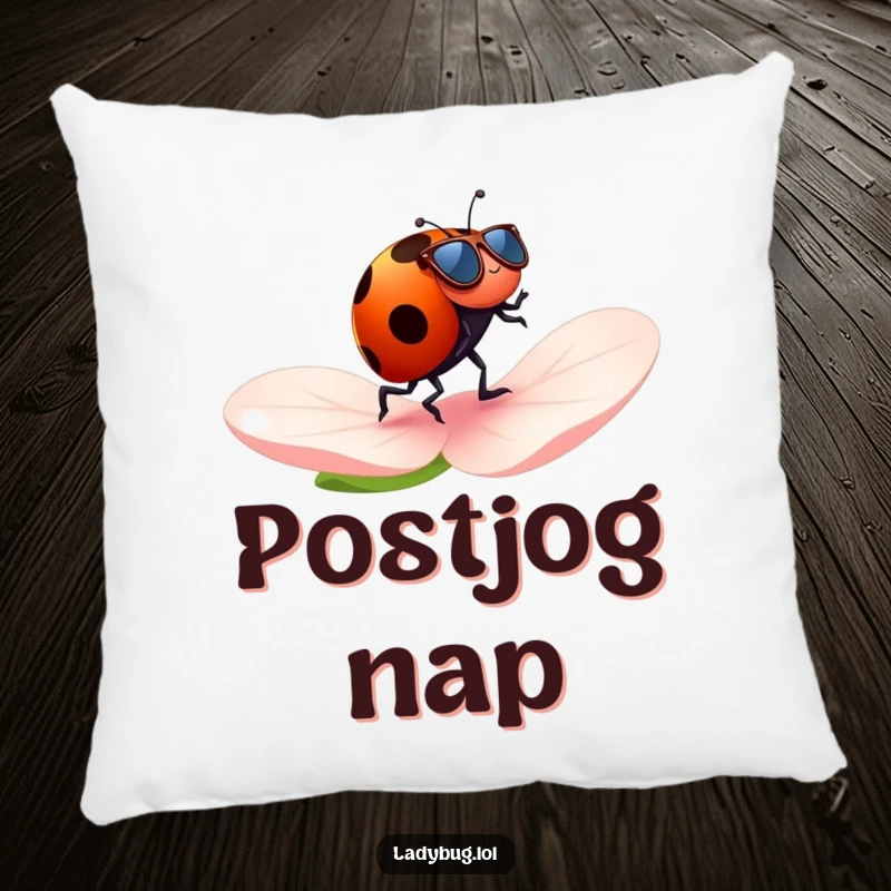 Funny ladybug pillow with a ladybug wearing tiny sunglasses, cheerfully jogging across a petal, adding humorous comfort.
