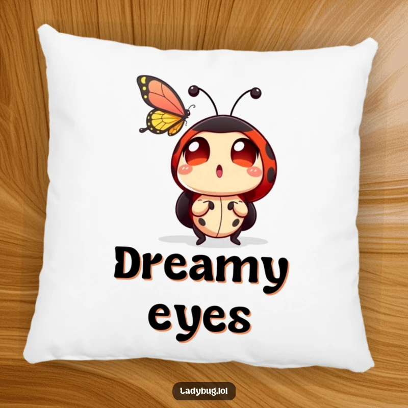 Funny ladybug pillow featuring a cute ladybug character with large, astonished eyes, gazing at a butterfly with pure wonder and delight.