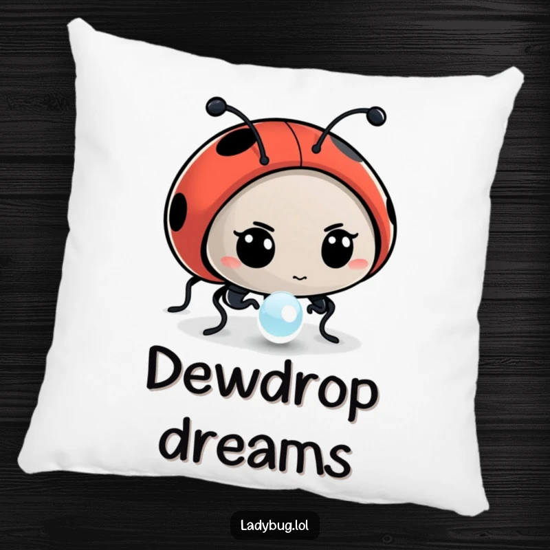Funny pillow with a soft touch, depicting a determined ladybug character intently examining a dewdrop, adding peaceful whimsy.