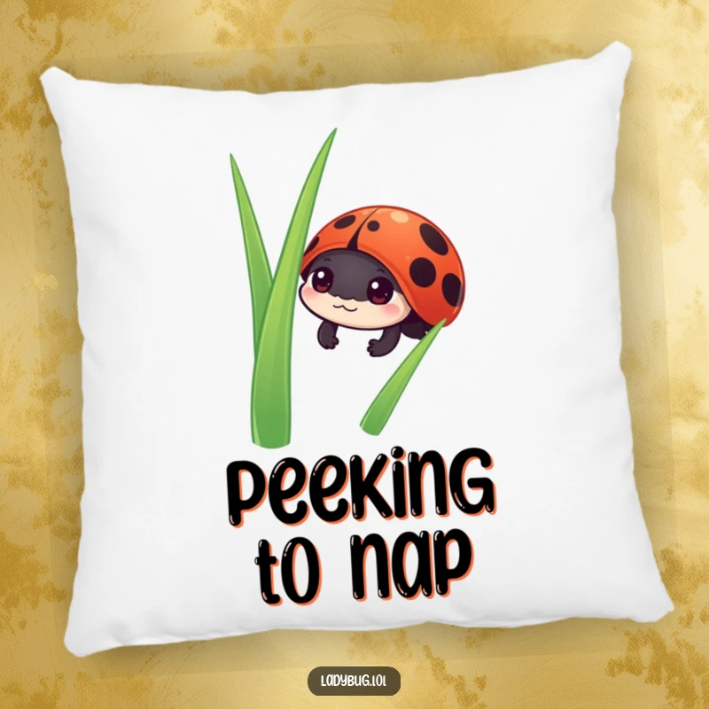 Funny ladybug pillow with a charming ladybug character peeking from behind a blade of grass, bringing cozy delight.