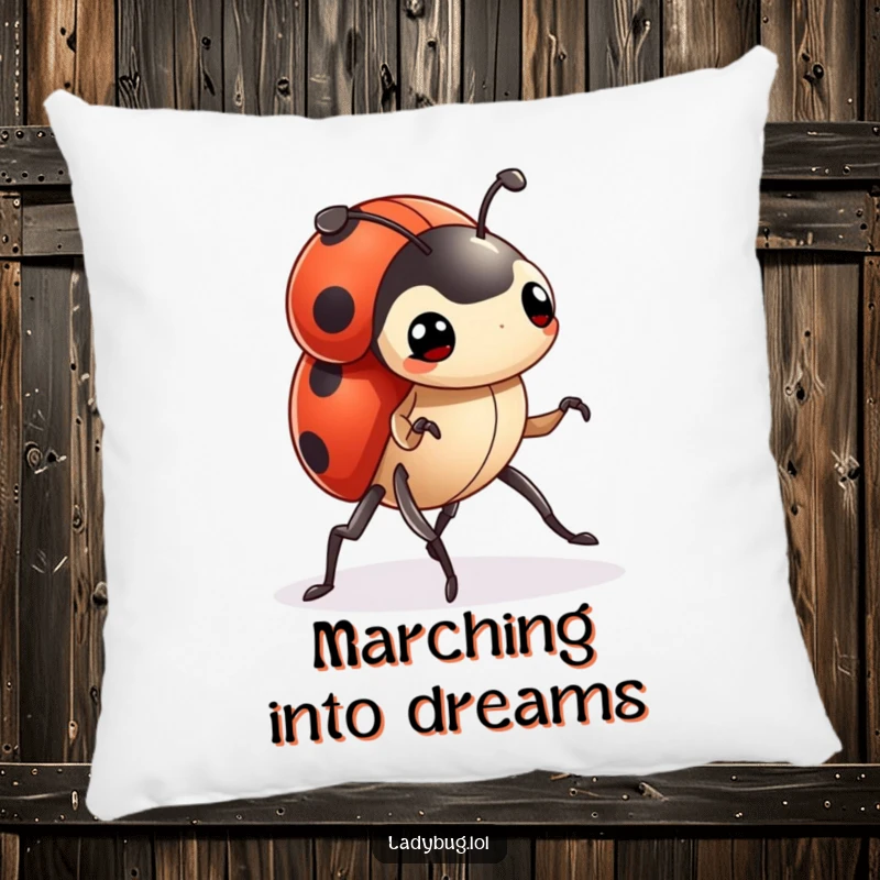 Funny ladybug pillow featuring a tiny character marching forward with determined legs, providing comfort and motivational humor.