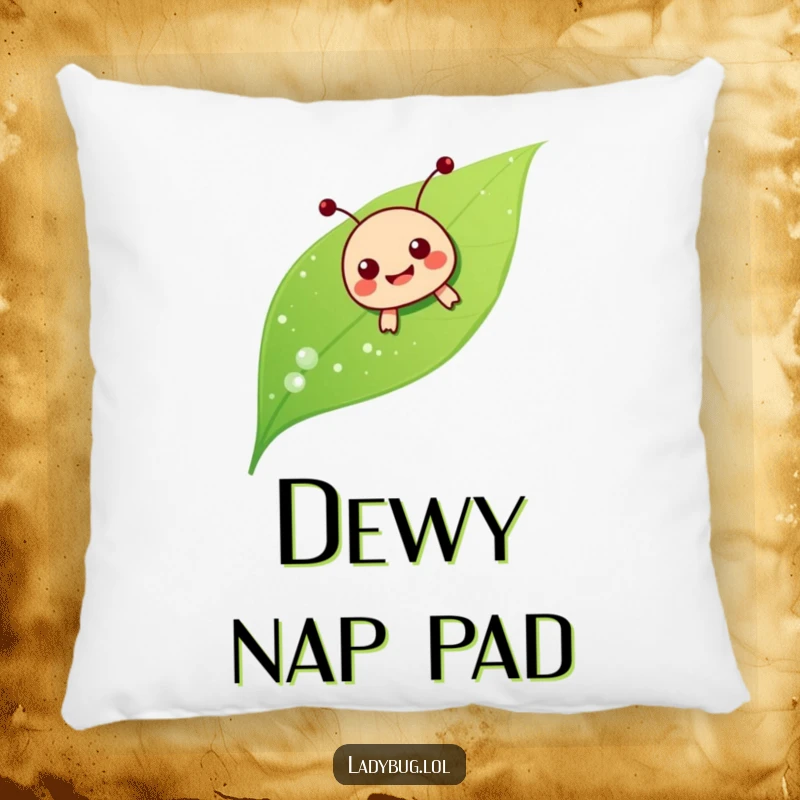 Funny ladybug sliding pillow, the character joyfully sliding down a dewy leaf, a soft and humorous decorative item.