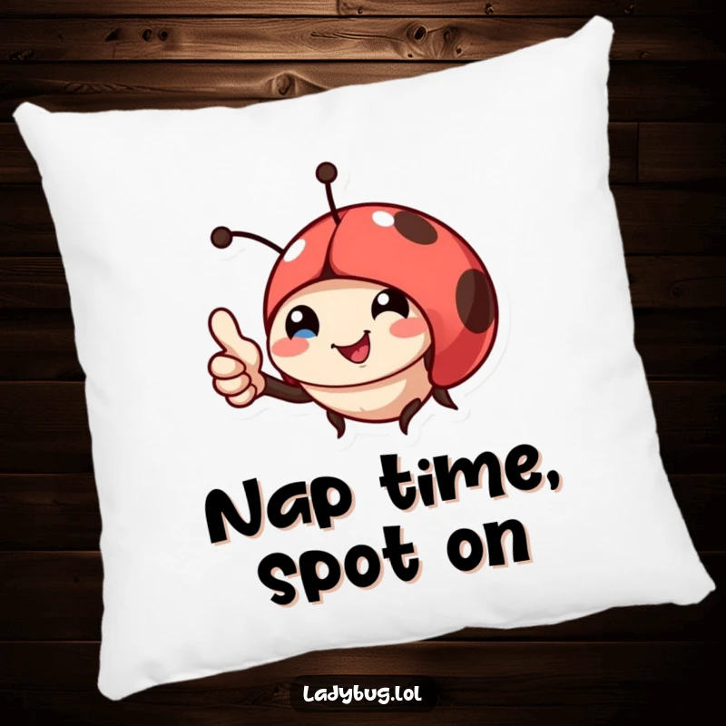 Funny pillow featuring a happy ladybug giving a thumbs up, providing comfort and a touch of humor.