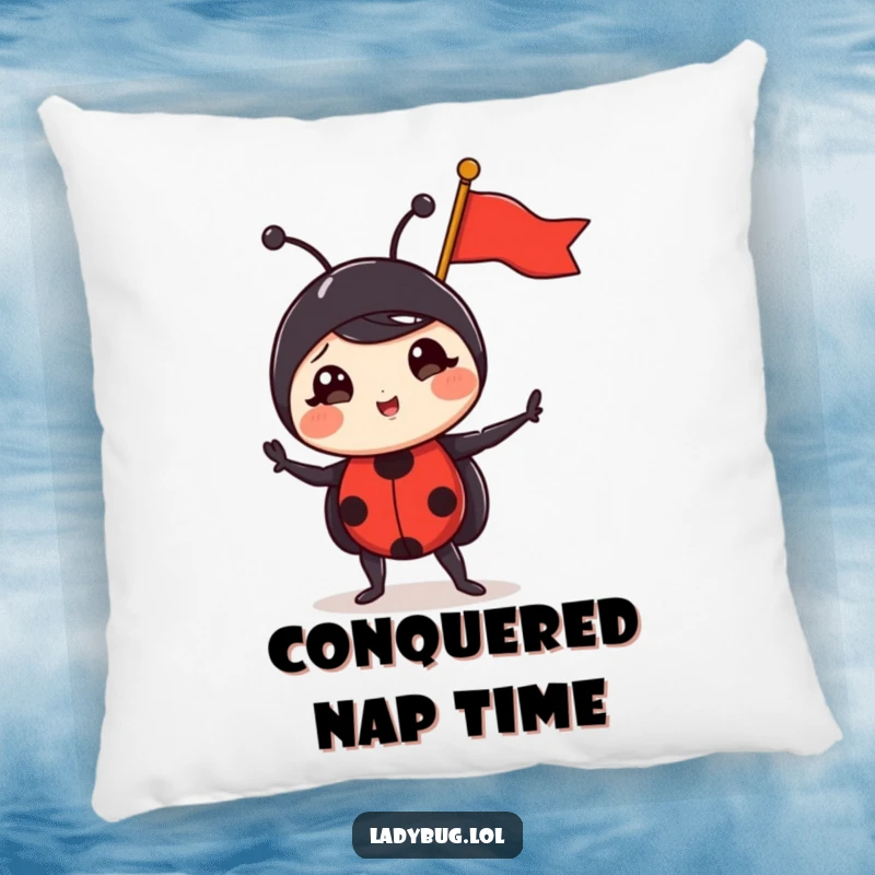 Funny ladybug pillow designed with a comically triumphant ladybug holding its tiny flag, adding a touch of humorous celebration.